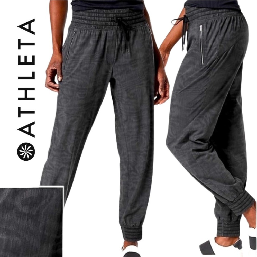 Athleta, Camden Printed Joggers Black Grey Zip Pockets‎ Drawstring Waist Size 10